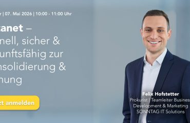 Header-News_Lucanet-Webinar Webinar banner showing date and time with a smiling man in a navy suit on the right and a yellow Jetzt anmelden button.
